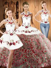 Sleeveless Embroidery Lace Up 15 Quinceanera Dress with Multi-color Sweep Train