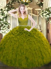 High Quality Olive Green Ball Gowns Tulle V-neck Sleeveless Beading and Ruffles Floor Length Zipper Quinceanera Gown