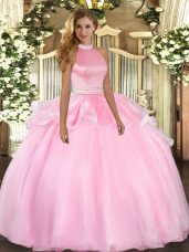 Fantastic Pink Tulle Backless Quinceanera Dress Sleeveless Floor Length Beading and Ruffles