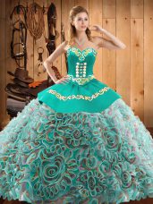 Multi-color Ball Gowns Embroidery Sweet 16 Quinceanera Dress Lace Up Satin and Fabric With Rolling Flowers Sleeveless Floor Length