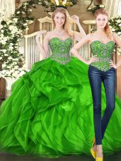 Pretty Sleeveless Floor Length Beading and Ruffles Lace Up Sweet 16 Quinceanera Dress with Green