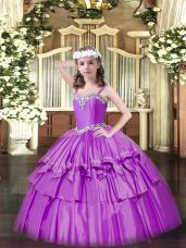 Great Floor Length Lilac Little Girls Pageant Dress Wholesale Organza Sleeveless Beading and Ruffled Layers