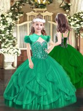 Super Tulle Straps Sleeveless Lace Up Beading and Ruffles Little Girls Pageant Dress in Turquoise