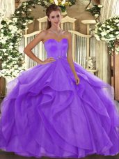 Cute Lavender Sleeveless Beading and Ruffles Floor Length Quince Ball Gowns
