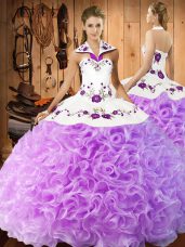 Lilac Fabric With Rolling Flowers Lace Up Halter Top Sleeveless Floor Length Quinceanera Dress Embroidery