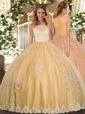 Fitting Gold Tulle Clasp Handle Scoop Sleeveless Floor Length Quince Ball Gowns Lace and Appliques