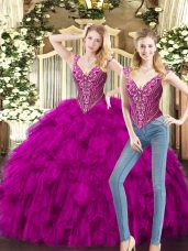 Fuchsia Organza Lace Up V-neck Sleeveless Floor Length Quinceanera Dresses Beading and Ruffles