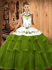 Fabulous Olive Green Sleeveless Sweep Train Embroidery and Ruffled Layers Quinceanera Dress