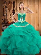 Pretty Turquoise Ball Gowns Satin and Organza Sweetheart Sleeveless Embroidery and Ruffles Floor Length Lace Up Sweet 16 Quinceanera Dress