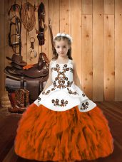 New Arrival Orange Red Ball Gowns Straps Sleeveless Organza Floor Length Lace Up Embroidery and Ruffles Pageant Dress for Girls
