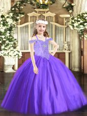 Latest Sleeveless Tulle Floor Length Lace Up Winning Pageant Gowns in Lavender with Beading