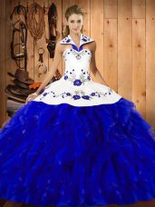 Fashion Floor Length Ball Gowns Sleeveless Blue And White Quinceanera Gowns Lace Up