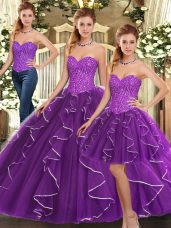 Popular Sleeveless Floor Length Beading and Ruffles Lace Up Quinceanera Dress with Eggplant Purple