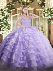 Lavender Ball Gowns Beading and Ruffled Layers Ball Gown Prom Dress Zipper Organza Sleeveless Floor Length