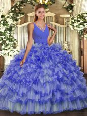 Ideal Floor Length Backless Quince Ball Gowns Lavender for Military Ball and Sweet 16 and Quinceanera with Ruffled Layers