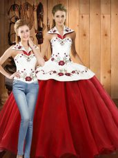Latest Sleeveless Floor Length Embroidery Lace Up Sweet 16 Quinceanera Dress with White And Red