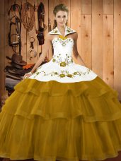 Olive Green Quince Ball Gowns Satin and Organza Brush Train Sleeveless Embroidery and Ruffled Layers