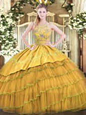Simple Gold Sleeveless Floor Length Beading and Embroidery and Ruffled Layers Zipper Quinceanera Dress