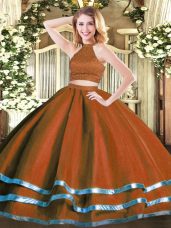 Customized Sleeveless Tulle Floor Length Backless Quinceanera Dresses in Rust Red with Beading