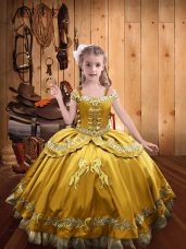 Charming Satin Off The Shoulder Sleeveless Lace Up Beading and Embroidery Pageant Gowns in Gold