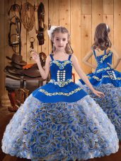 Popular Multi-color Straps Neckline Embroidery and Ruffles Little Girl Pageant Gowns Sleeveless Lace Up
