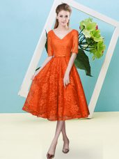 Tea Length Lace Up Bridesmaid Gown Orange Red for Prom and Party and Wedding Party with Bowknot