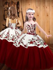 Red Tulle Lace Up Straps Sleeveless Floor Length Kids Formal Wear Embroidery