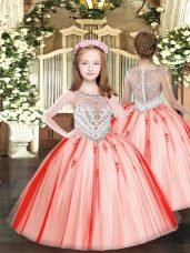 Coral Red Child Pageant Dress Party and Quinceanera with Beading and Appliques Scoop Sleeveless Zipper