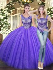 Lavender Tulle Lace Up Scoop Sleeveless Floor Length Sweet 16 Quinceanera Dress Beading