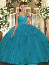 Elegant Sleeveless Floor Length Beading Backless Sweet 16 Quinceanera Dress with Teal