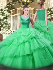 Custom Designed Scoop Sleeveless Quinceanera Dress Floor Length Beading and Appliques and Pick Ups Apple Green Organza