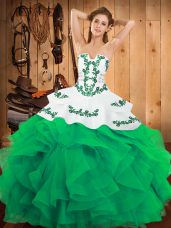 Classical Green Lace Up Strapless Embroidery and Ruffles Sweet 16 Dresses Satin and Organza Sleeveless