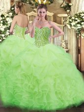Artistic Floor Length Lace Up Quince Ball Gowns Yellow Green for Military Ball and Sweet 16 and Quinceanera with Beading and Ruffles