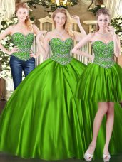 Green Ball Gowns Sweetheart Sleeveless Tulle Floor Length Lace Up Beading Sweet 16 Quinceanera Dress