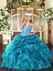 Modern Floor Length Teal Pageant Gowns For Girls Organza Sleeveless Beading and Ruffles and Pick Ups