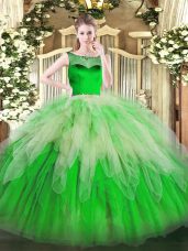 On Sale Green Ball Gowns Organza Scoop Sleeveless Beading and Ruffles Floor Length Zipper Vestidos de Quinceanera
