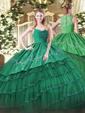 Dark Green Zipper Straps Embroidery and Ruffled Layers Quince Ball Gowns Organza and Taffeta Sleeveless