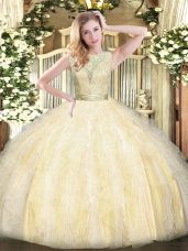 Fitting Light Yellow Scoop Neckline Lace and Ruffles 15 Quinceanera Dress Sleeveless Backless