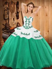 Turquoise Sleeveless Satin and Organza Lace Up 15th Birthday Dress for Military Ball and Sweet 16 and Quinceanera