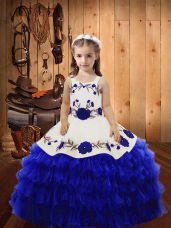 Royal Blue Organza Lace Up Pageant Gowns For Girls Sleeveless Floor Length Embroidery and Ruffled Layers