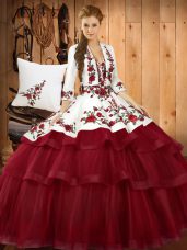 Latest Sweetheart Sleeveless 15th Birthday Dress Sweep Train Embroidery Wine Red Organza