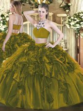 Adorable Floor Length Backless Quinceanera Gown Olive Green for Military Ball and Sweet 16 and Quinceanera with Beading and Ruffles