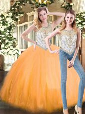 Floor Length Orange Red Quinceanera Gowns Tulle Sleeveless Beading