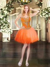 Flare Mini Length Orange Red Prom Gown Tulle Sleeveless Beading