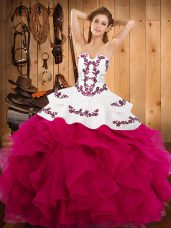 Captivating Hot Pink Strapless Lace Up Embroidery and Ruffles Quinceanera Dresses Sleeveless