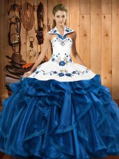 Luxurious Blue Ball Gowns Satin and Organza Halter Top Sleeveless Embroidery and Ruffles Floor Length Lace Up 15 Quinceanera Dress