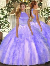 Luxurious Organza Halter Top Sleeveless Backless Beading and Ruffles 15th Birthday Dress in Lavender