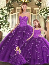 Luxury Purple Sleeveless Floor Length Beading and Ruffles Lace Up Quinceanera Dress