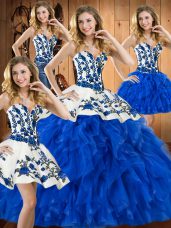 Satin and Organza Sweetheart Sleeveless Lace Up Embroidery and Ruffles Quince Ball Gowns in Blue