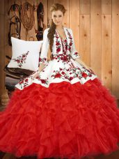 Red Lace Up Quinceanera Gowns Embroidery and Ruffles Sleeveless Floor Length